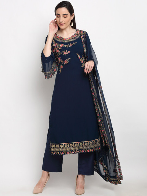 

Stylee LIFESTYLE Navy Blue & Pink Embroidered Semi-Stitched Dress Material