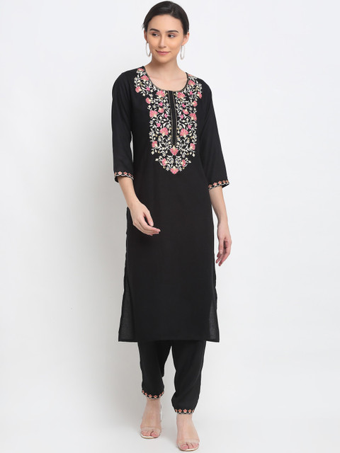 

PNEHA Women Black Floral Embroidered Regular Kurta with Trousers