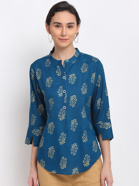 

PNEHA Turquoise Blue & Gold-Toned Printed Shirt Style Top