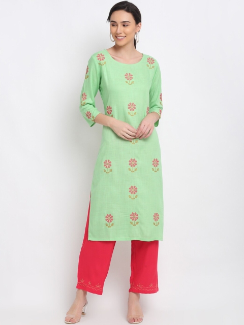 

PNEHA Women Green Floral Embroidered Regular Kurta with Trousers