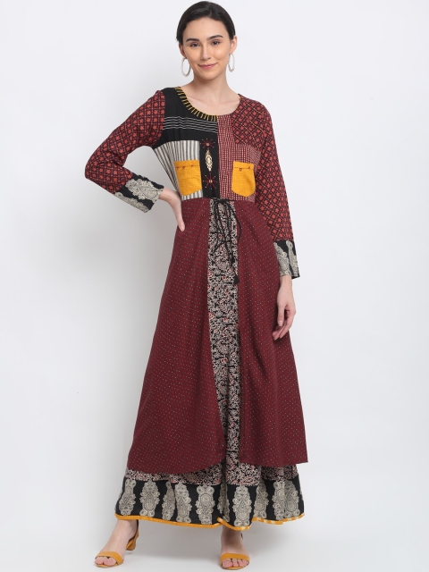 

PNEHA Women Brown Ethnic Motifs Printed Thread Work Handloom Anarkali Kurta