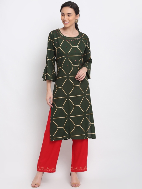 

PNEHA Women Green Printed Regular Mirror Work Kurta with Palazzos