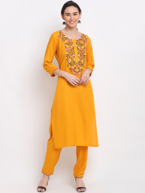 

PNEHA Women Yellow Floral Embroidered Regular Kurta with Salwar
