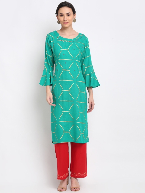 

PNEHA Women Sea Green Printed Regular Kurta with Palazzos