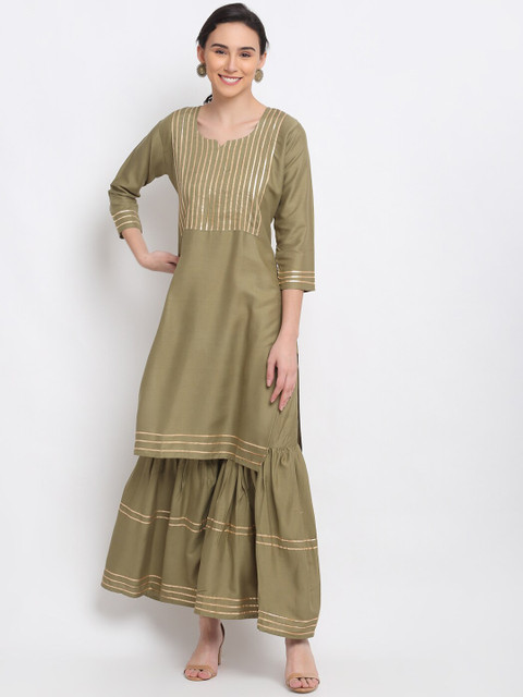 

PNEHA Women Olive Green Yoke Design Regular Gotta Patti Kurti with Sharara