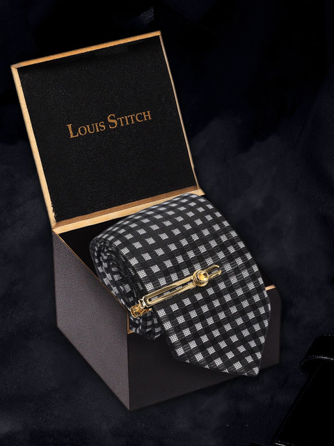 

LOUIS STITCH Men Black & Grey Woven Design Broad Tie