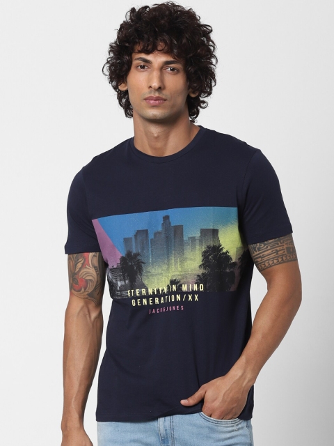 

Jack & Jones Men Navy Blue & Yellow Printed Slim Fit T-shirt