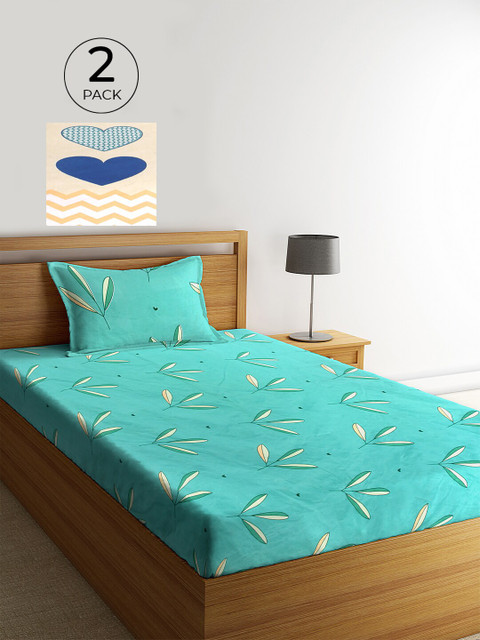 

KLOTTHE Multicolor Floral 210 TC Cotton 2 Single Bedsheet with 2 Pillow Cover, Turquoise blue