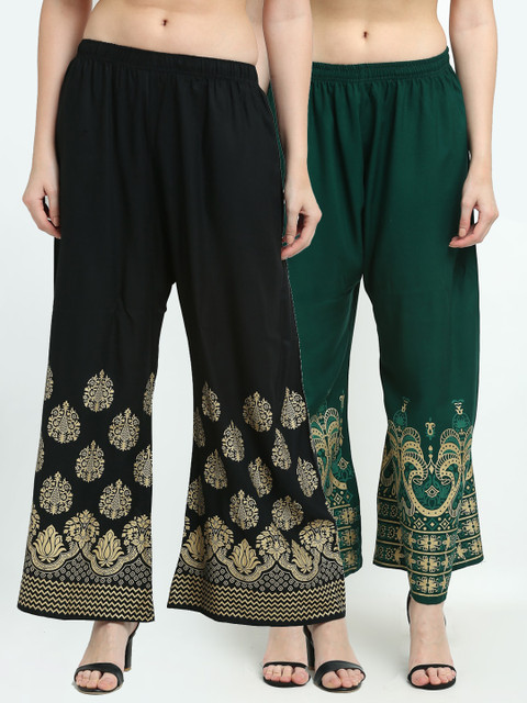 

TAG 7 Women Green Solid Pack of 2 Printed Palazzos