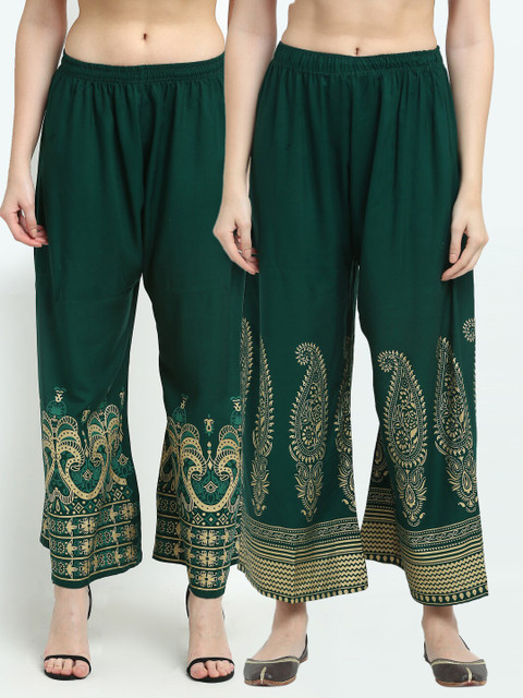 

TAG 7 Women Pack of 2 Green & Gold-Toned Printed Wide Leg Palazzos