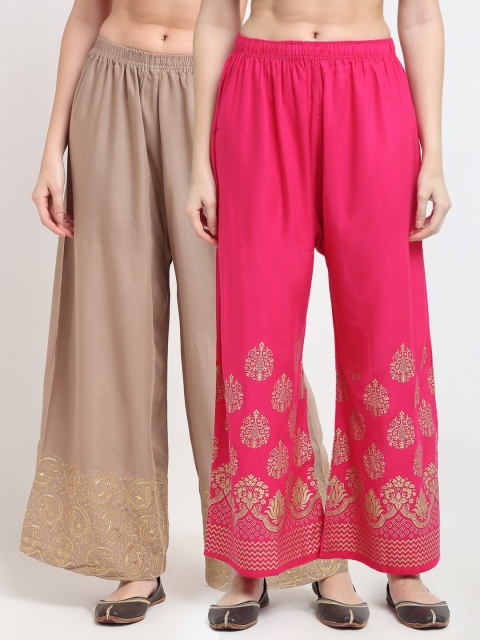 

TAG 7 Women Beige & Pink Pack of 2 Ethnic Motifs Printed Palazzos