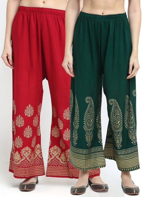 

TAG 7 Women Pack of 2 Green & Maroon Printed Flared Palazzos