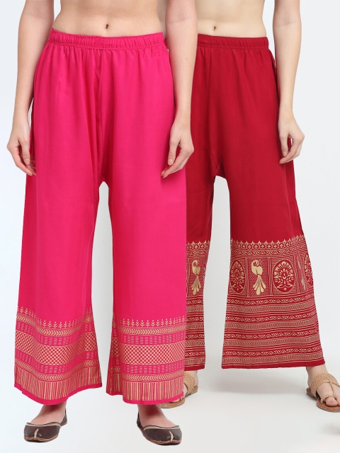 

TAG 7 Women Pack of 2 Pink & Maroon Printed Wide Leg Palazzos