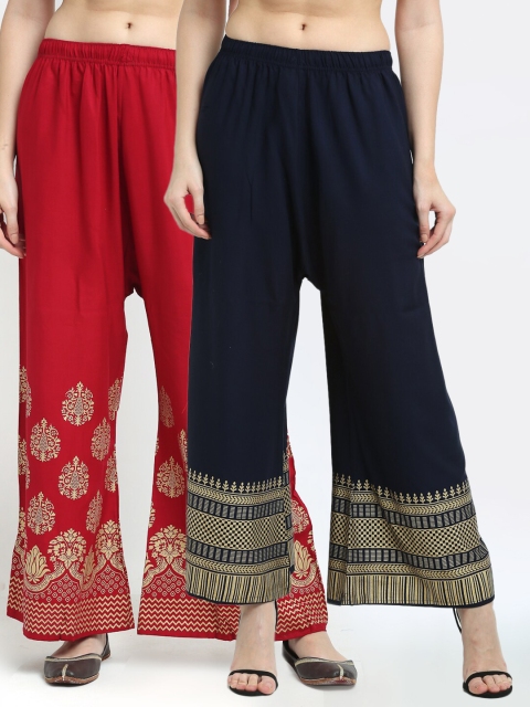 

TAG 7 Women Pack Of 2 Floral Printed Flared Palazzos, Navy blue
