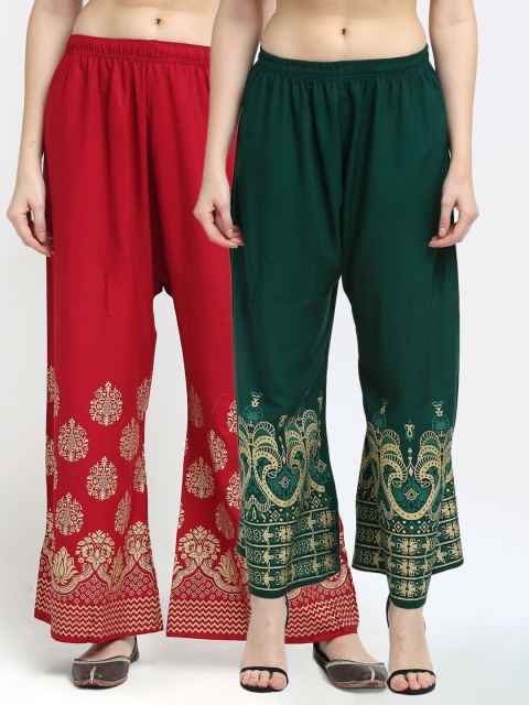 

TAG 7 Women Green & Maroon Pack of 2 Ethnic Motifs Printed Flared Palazzos
