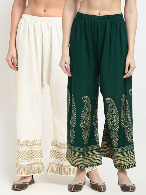

TAG 7 Women Pack of 2 Green & Cream-Coloured Printed Flared Palazzos