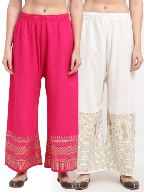 

TAG 7 Women Pink & White Pack of 2 Ethnic Motifs Printed Flared Palazzos