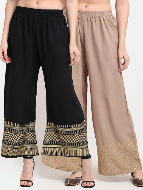 

TAG 7 Women Beige & Black Pack of 2 Ethnic Motifs Printed Flared Palazzos