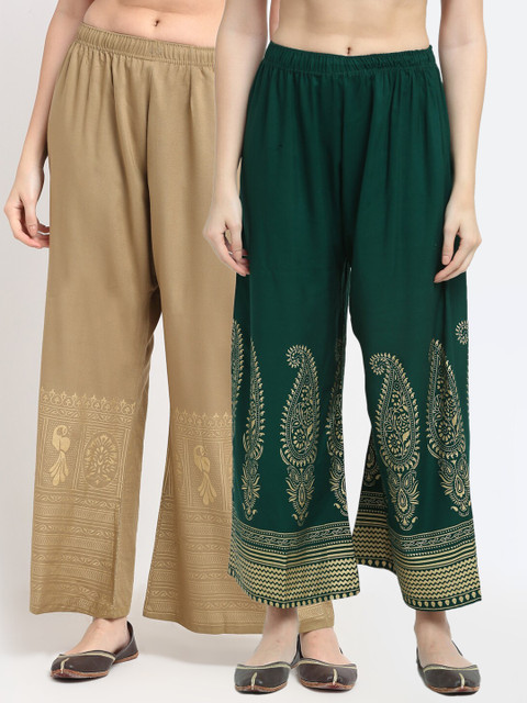 

TAG 7 Women Pack of 2 Green & Beige Printed Wide Leg Palazzos