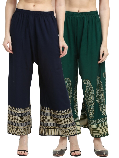 

TAG 7 Women Pack Of 2 Green & Navy Blue Ethnic Motifs Printed Wide Leg Palazzos