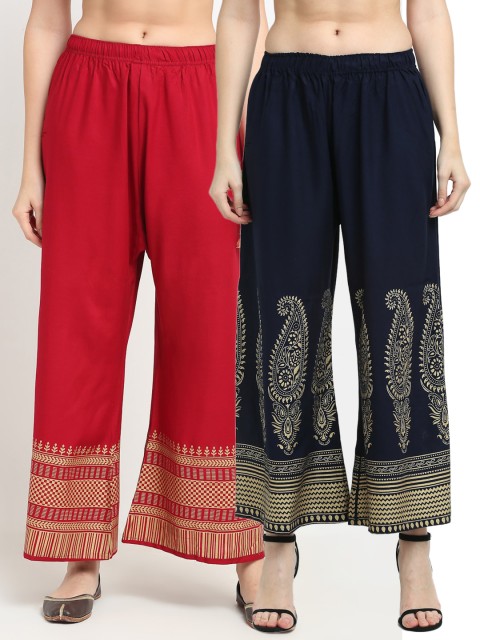 

TAG 7 Women Pack of 2 Navy Blue & Red Printed Wide Leg Palazzos