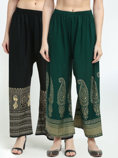 

TAG 7 Women Green & Black Pack of 2 Ethnic Motifs Printed Palazzos