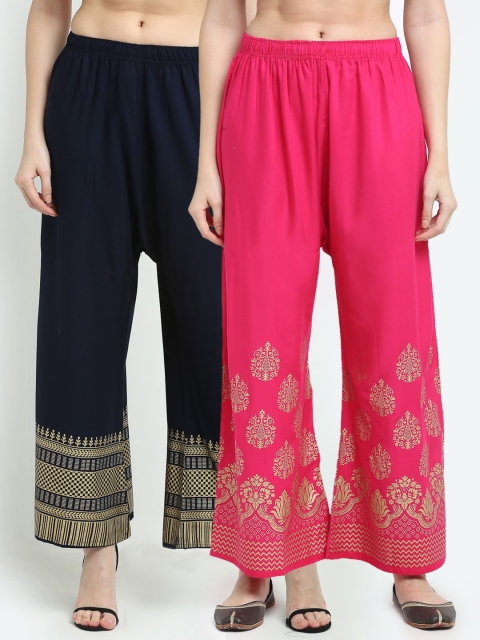 

TAG 7 Women Pack of 2 Navy Blue & Pink Printed Wide Leg Palazzos