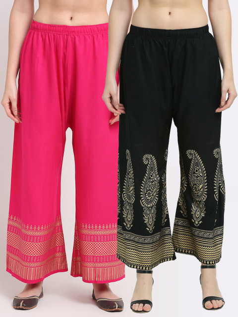 

TAG 7 Women Pack of 2 Black & Pink Printed Flared Palazzos