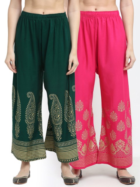 

TAG 7 Pack of 2 Women Green & Pink Flared Palazzos