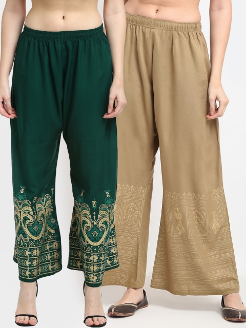 

TAG 7 Women Green & Beige Pack of 2 Ethnic Motifs Printed Flared Palazzos
