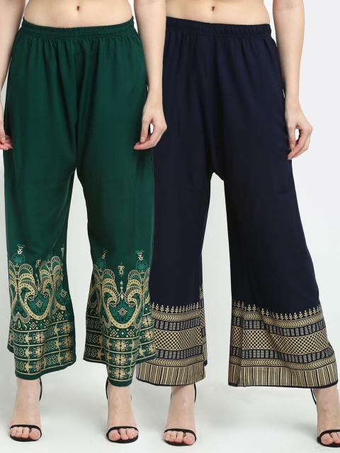 

TAG 7 Women Pack of 2 Green & Navy Blue Printed Flared Palazzos