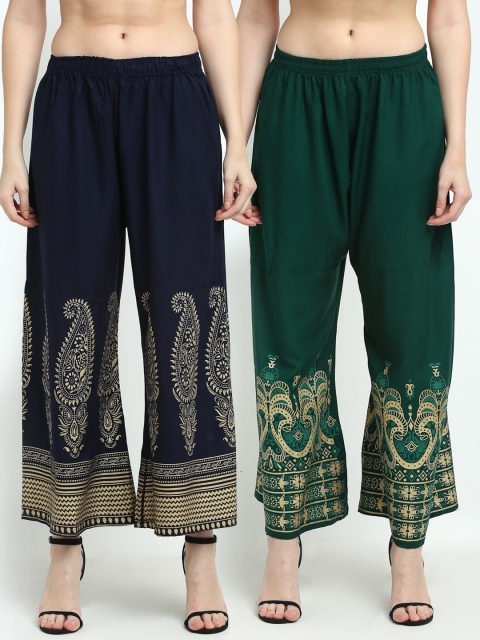 

TAG 7 Women Pack Of 2 Ethnic Motifs Printed Ethnic Palazzos, Navy blue