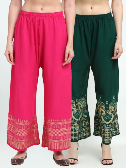 

TAG 7 Women Green & Pink Pack of 2 Ethnic Motifs Printed Flared Palazzos