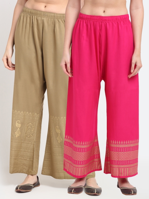 

TAG 7 Women Pink & Beige Pack of 2 Ethnic Motifs Printed Palazzos