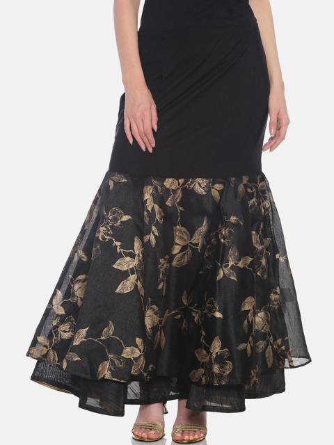 

Ira Soleil Women Black & Gold-Coloured Floral Printed Fishtail Maxi Skirt