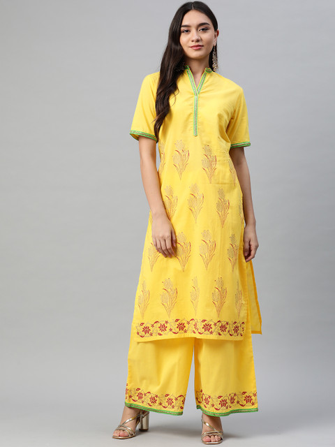

Tulsattva Women Yellow Floral Printed Regular Pure Cotton Kurti with Palazzos