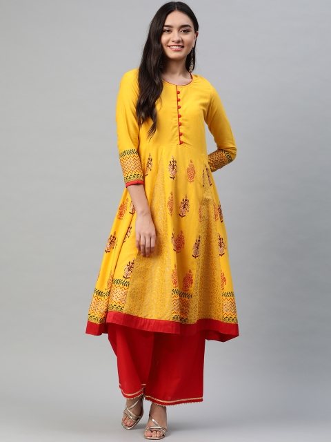 

Tulsattva Women Yellow Floral Printed Block Print Anarkali Kurta