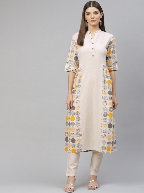 

Tulsattva Women Off White Printed Regular Pure Cotton Kurta with Trousers