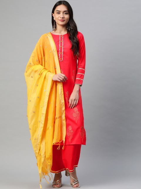 

Tulsattva Women Red Floral Regular Pure Cotton Kurta with Palazzos & With Dupatta
