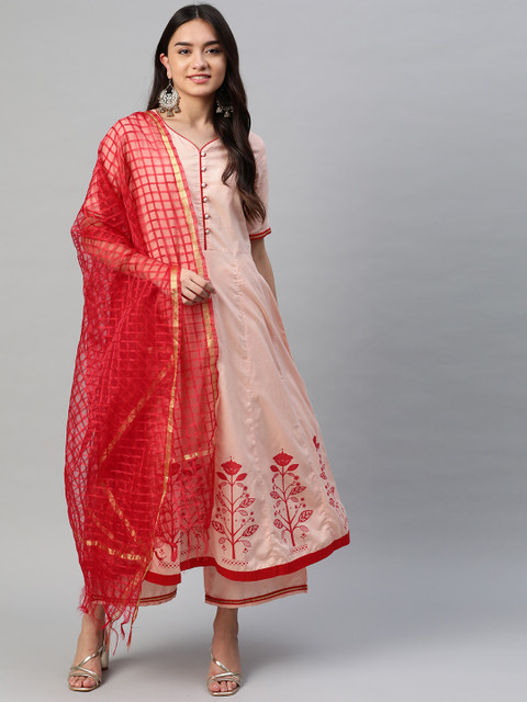 

Tulsattva Women Peach-Coloured Floral Printed Regular Pure Cotton Kurta with Palazzos & With Dupatta