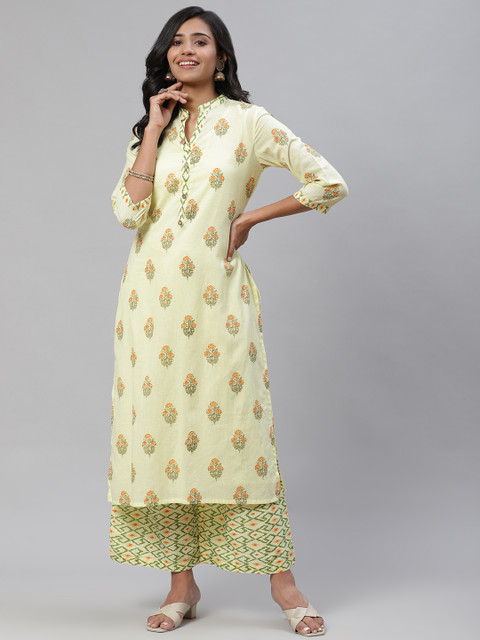 

Tulsattva Women Yellow Floral Printed Regular Pure Cotton Kurta with Palazzos