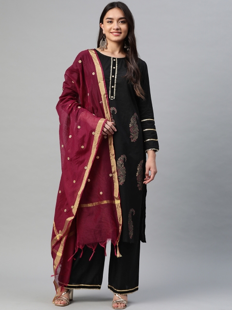 

Tulsattva Women Black Ethnic Motifs Printed Regular Pure Cotton Kurta with Palazzos & With Dupatta
