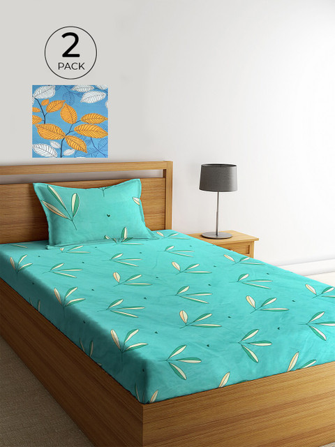 

KLOTTHE Set Of 2 Turquoise Blue & Sea Green Floral 210 TC Single Bedsheet & 2 Pillow Cover