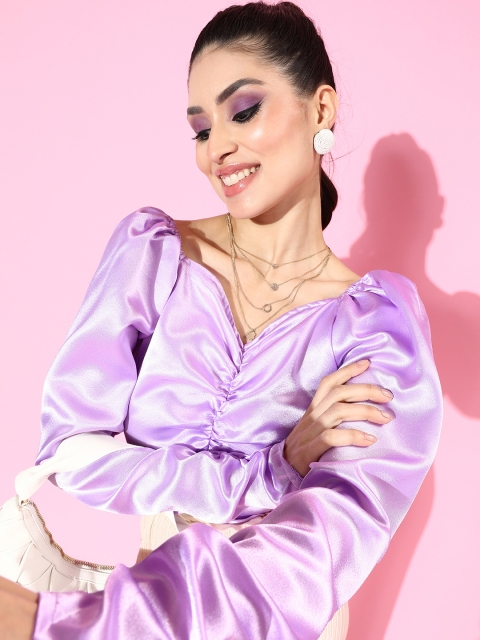 

Athena Lavender Sweetheart Neck Bishop Sleeves Satin Fitted Crop Top