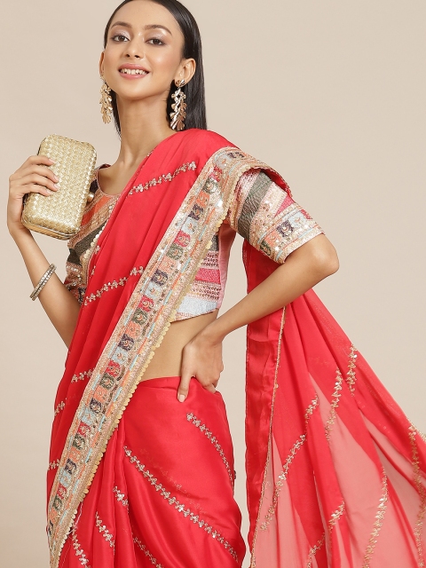 

Saree mall Red Embelished Party Wear Saree