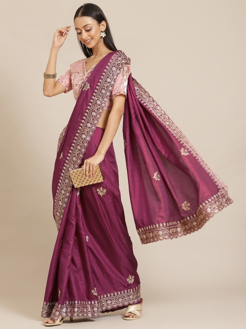 

Saree mall Magenta Floral Embroidered Silk Blend Sarees