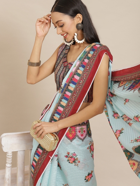

Saree mall Turquoise Blue & Maroon Floral Silk Blend Sarees