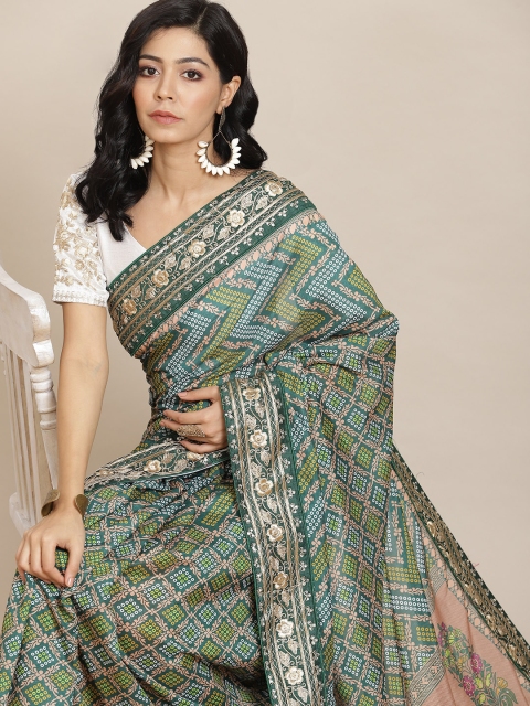 

Saree mall Green & Beige Bandhani Embroidered Silk Blend Bandhani Sarees