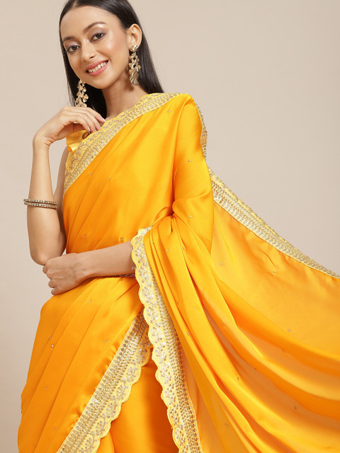 

Saree mall Yellow & Gold-Toned Sequinned Bangalori Silk Sarees