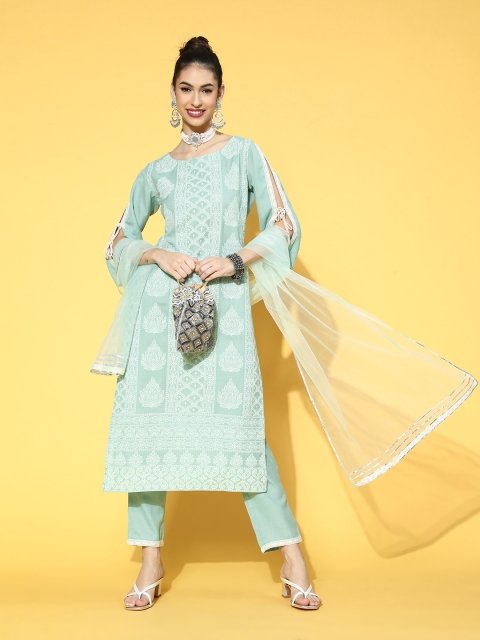

Indo Era Floral Cotton Blend Nuovo Sleeves Kurta Set, Blue